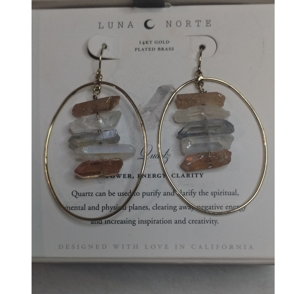 Luna Norte 14kt Gold Plated Brass Raw Quartz Crystal Oval Hoop Dangle Earrings